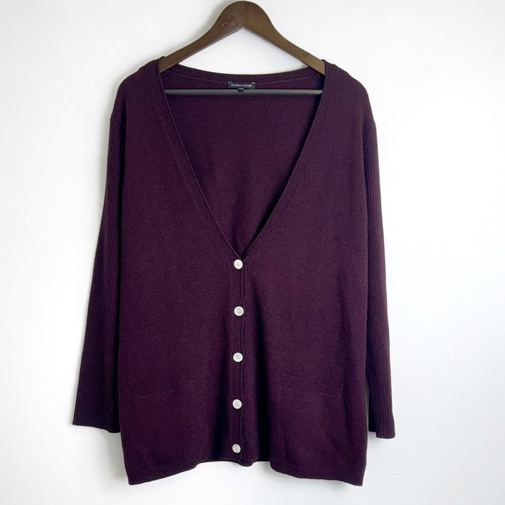 Eileen Fisher Cardigan Lambswool Cashmere Burgundy Maroon